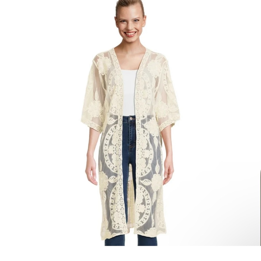 Rebellion Again Sheer Lace Duster Swim Cover Up; Layering; Large